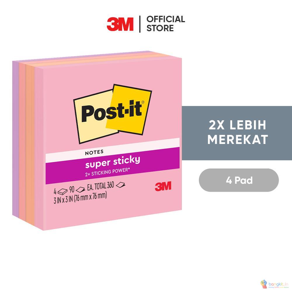 3M™ Post-it® Super Sticky Notes Flamingo, 654-SS FLA, 2x Lebih merekat, 4 pad, 76x76 mm, Untuk berbagai permukan kertas