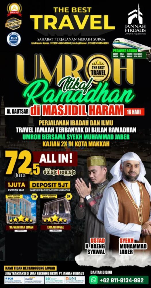 AMAN! TELP. 0811-8134-882, Umroh Plus Holiday Padang, Jannah Firdaus