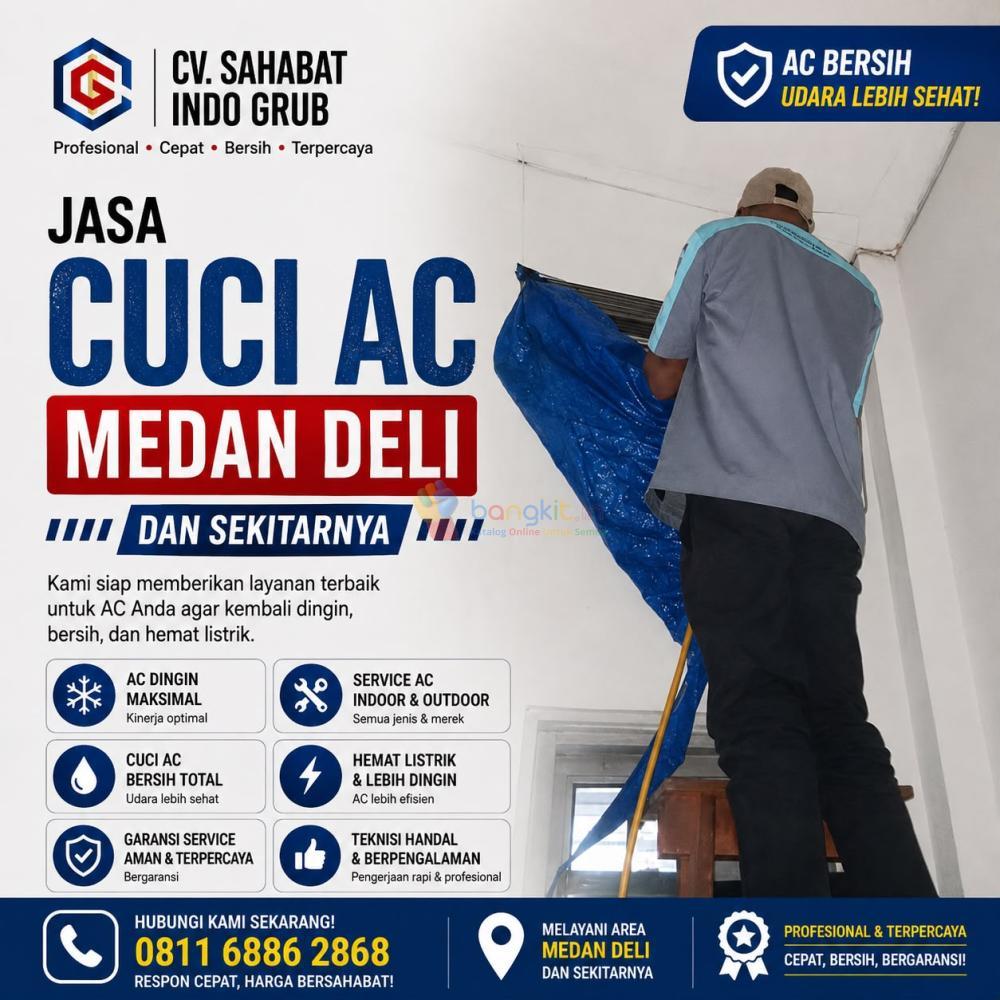 Jasa cuci AC Medan Deli dan sekitarnya. Cuci AC bersih maksimal, teknisi berpengalaman, harga terjangkau, bergaransi, AC kembali dingin.